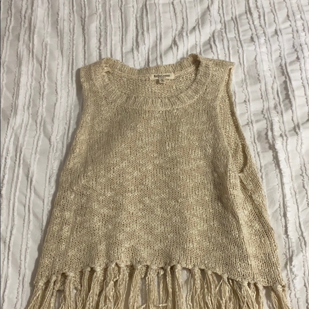 Rolla Coster Knitwear tan/cream tank top w/ fringe